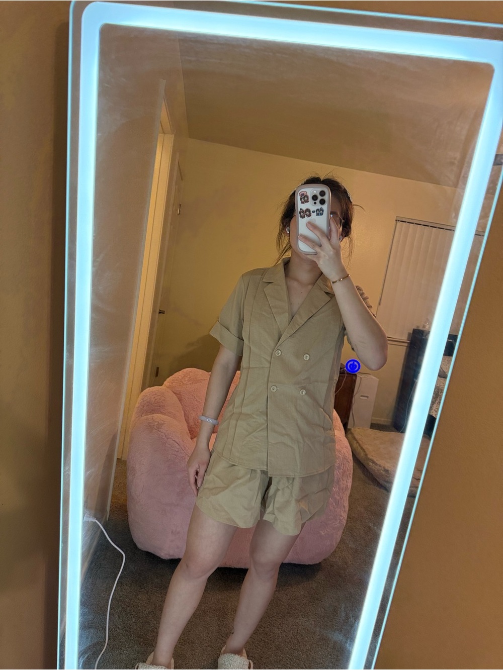 Beige Short Sleeve Button Front Vest Set